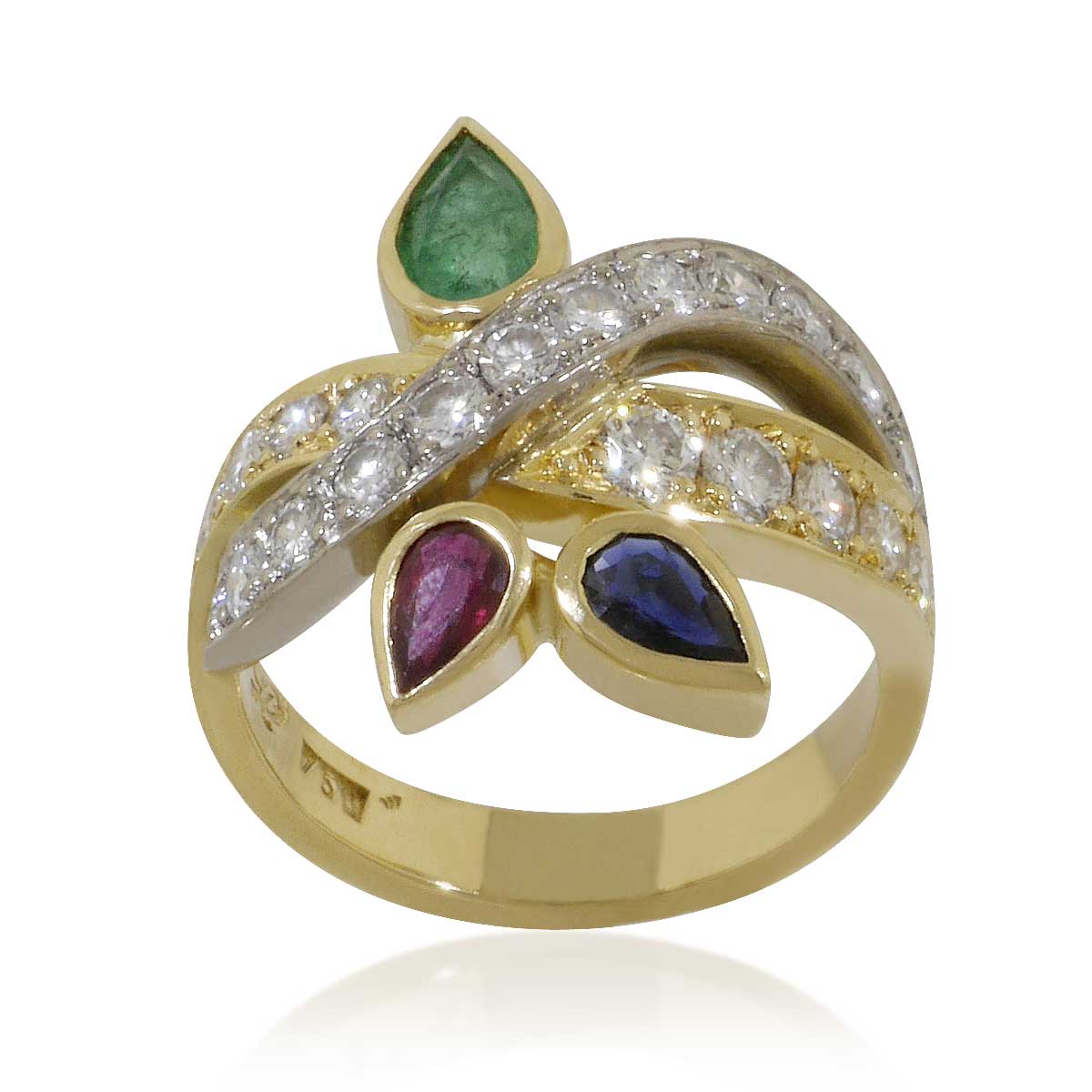 Diamant-Ring mit 22 Diamanten von 1,04ct und  Saphirtropfen, Smaragdtropfen und Rubintropfen