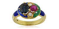 Diamant-Rubin-Saphir-Ring mit kleinen Diamanten, Smargdgrünes und Royalblaues Email, für Vergrösserung bitte hier klicken!