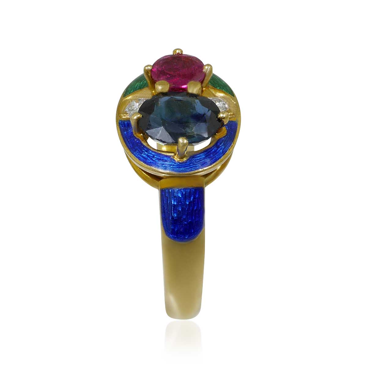 Diamant-Rubin-Saphir-Ring mit kleinen Diamanten, Smargdgrünes und Royalblaues Email