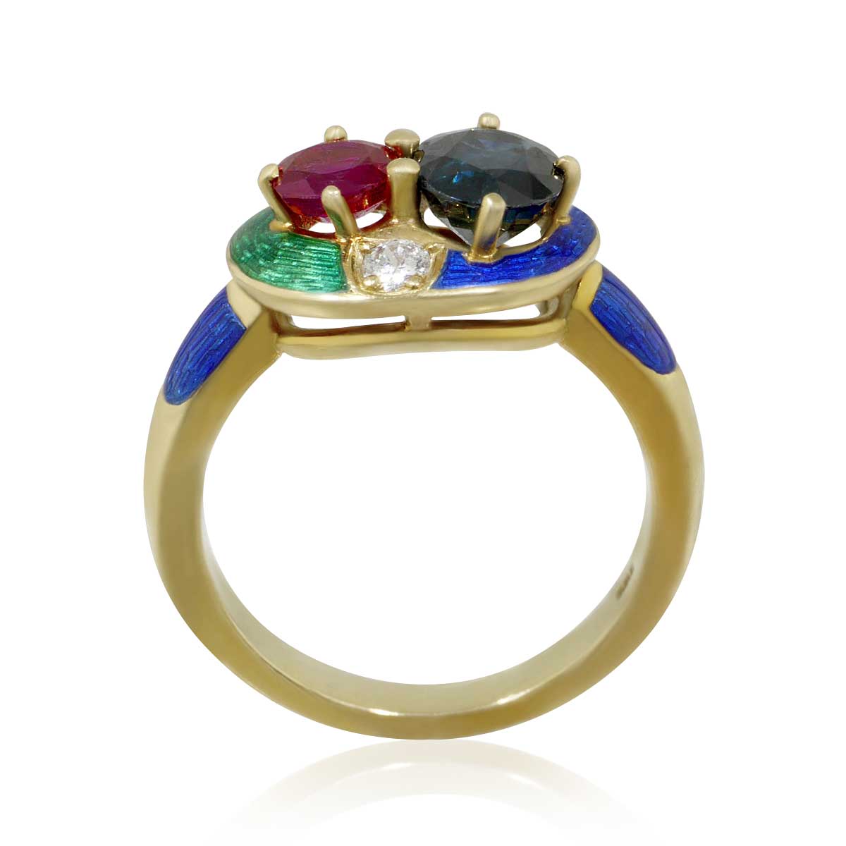 Diamant-Rubin-Saphir-Ring mit kleinen Diamanten, Smargdgrünes und Royalblaues Email