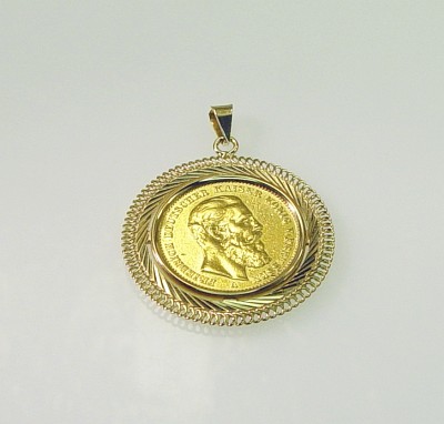 Anhänger Gold 14 Kt mit Gold-Münze (900 Gold) „20 Mark - 1888“ 