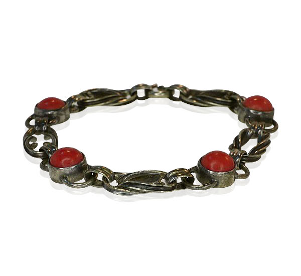 Set echte Koralle, Korallenbutton-Ohrringe, Korallenbrosche und Korallenarmband in Silber 