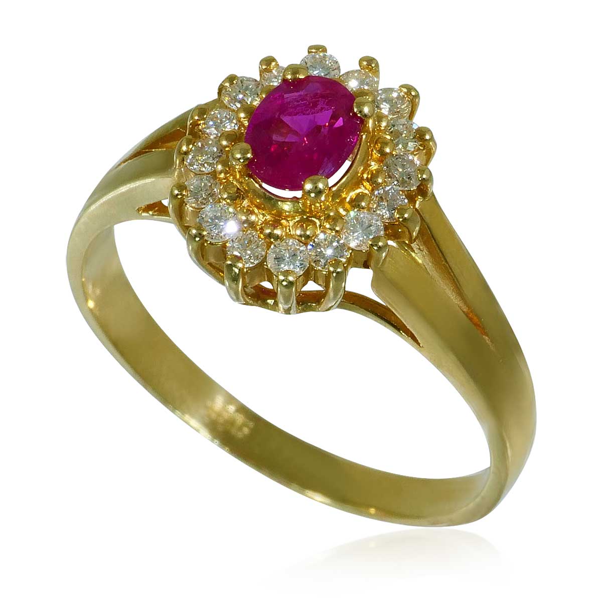Rubin–Diamant-Set Ring Ohrstecker und Collier, 0,51ct Diamanten mit 2,24ct facettierten Rubinen in Gelbgold