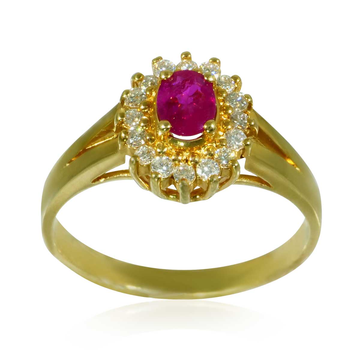 Rubin–Diamant-Set Ring Ohrstecker und Collier, 0,51ct Diamanten mit 2,24ct facettierten Rubinen in Gelbgold