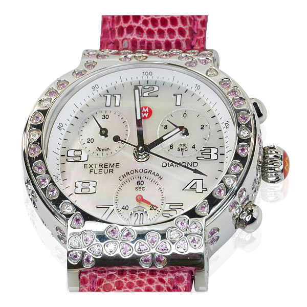 Chronograph Michele Watch Damenarmbanduhr, 1,35ct Diamanten und rosa Saphire, rosa Echsenband 