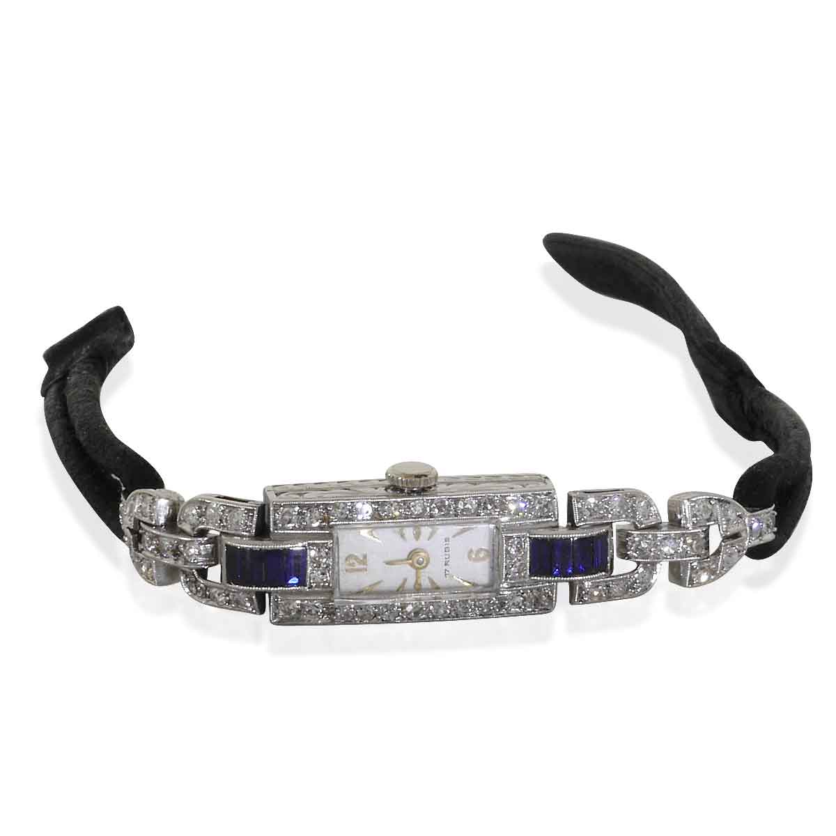 Platinuhr Art Deco mit 52 Diamanten0,74ct und blauen Edelsteineinlagen|Damenarmbanduhr | Schmuck-Uhr