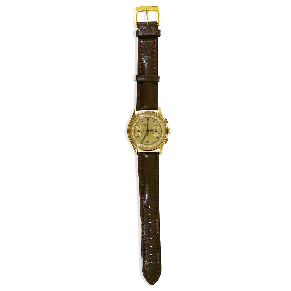 Chronograph Goldene Herrenarmbanduhr, 18 Karat Gelbgold mit goldenem Ziffernblatt, Stoppuhr und Lederamband