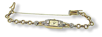 Art Deco Golduhr mit beweglichem Gliederarmband, Sammlerstück, 1,30ct Diamanten