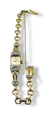 Art Deco Golduhr mit beweglichem Gliederarmband, Sammlerstück, 1,30ct Diamanten